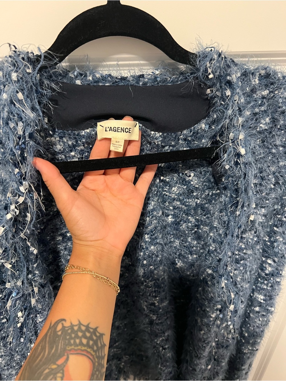 L'AGENCE Blue Textured Fringe Tweed Jacket - Picture 7 of 8